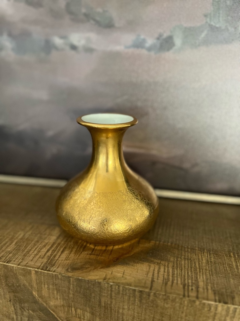 Vintage Wheeling Decorating Co. 22K Gold Encrusted Bud Vase — Etched Dove, Rose